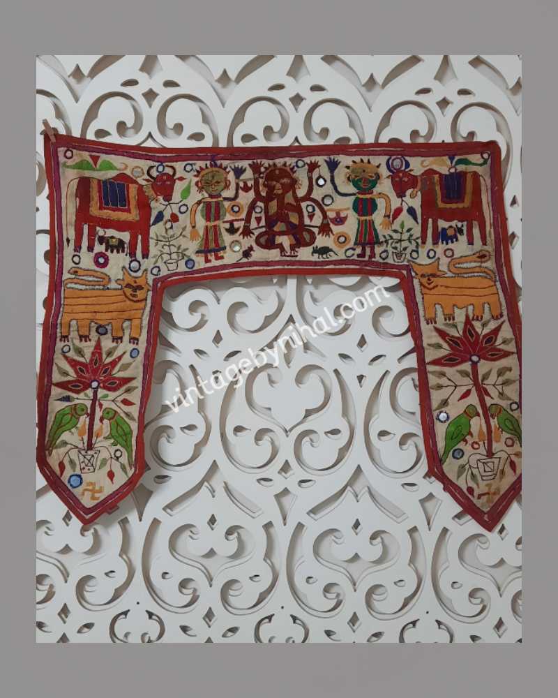 Rare Find Hand embroidered Gujarati Toran,Suzani Wall hanging, Indian Gods and animals Motif, Vintage Hand embroidered Uzbek Wallhanging